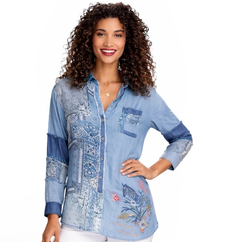 JOHNNY WAS embroidered Bandana Mixup Shirt NWT